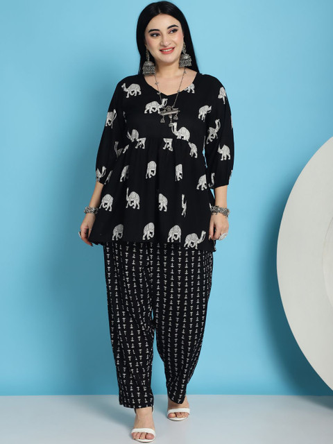 TAG 7 Plus Size Conversational Printed Bishop Sleeves V-Neck Cotton Tunic With Trousers