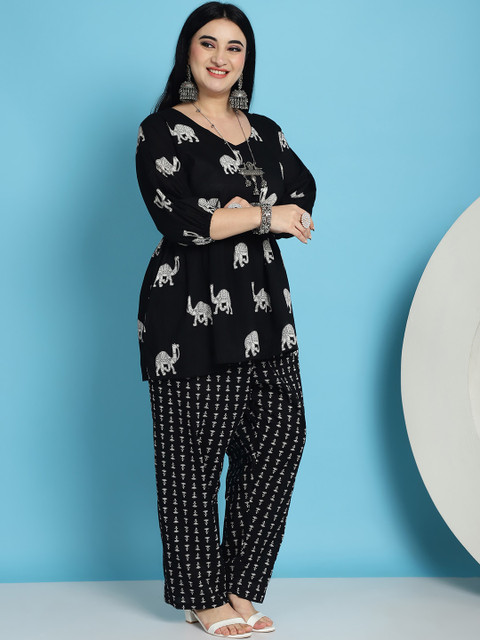 TAG 7 Plus Size Conversational Printed Bishop Sleeves V-Neck Cotton Tunic With Trousers - Image 4