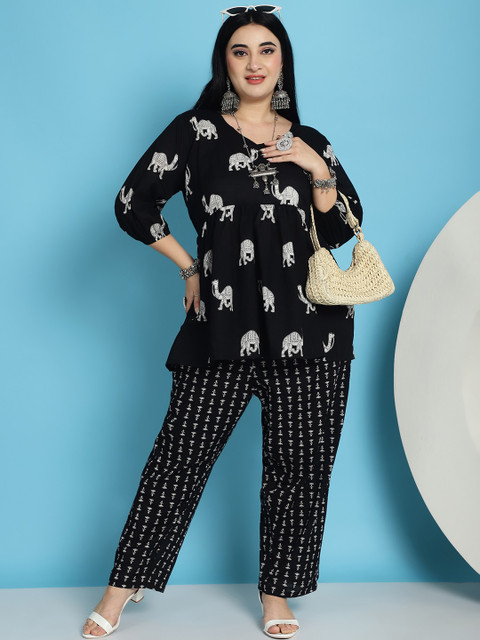 TAG 7 Plus Size Conversational Printed Bishop Sleeves V-Neck Cotton Tunic With Trousers - Image 6