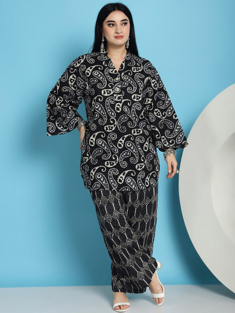 TAG 7 Plus Size Paisley Printed Mandarin Collar Pure Cotton Tunic With Palazzos - Image 6
