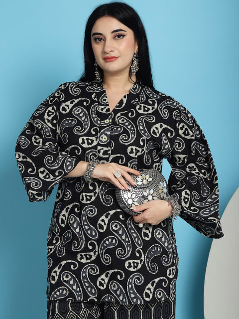 TAG 7 Plus Size Paisley Printed Mandarin Collar Pure Cotton Tunic With Palazzos - Image 7
