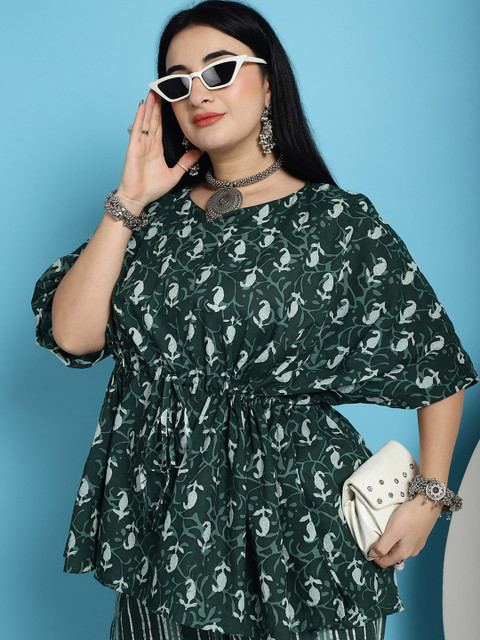 TAG 7 Plus Size Paisley Printed V-Neck Gathered Pure Cotton Kaftan Tunic With Trousers - Image 7