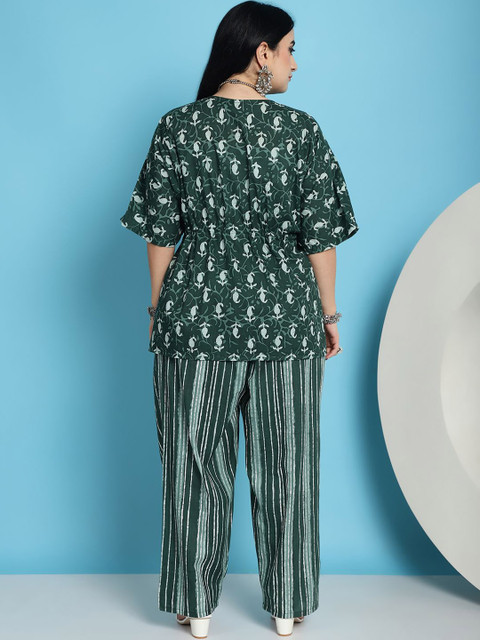 TAG 7 Plus Size Paisley Printed V-Neck Gathered Pure Cotton Kaftan Tunic With Trousers - Image 5