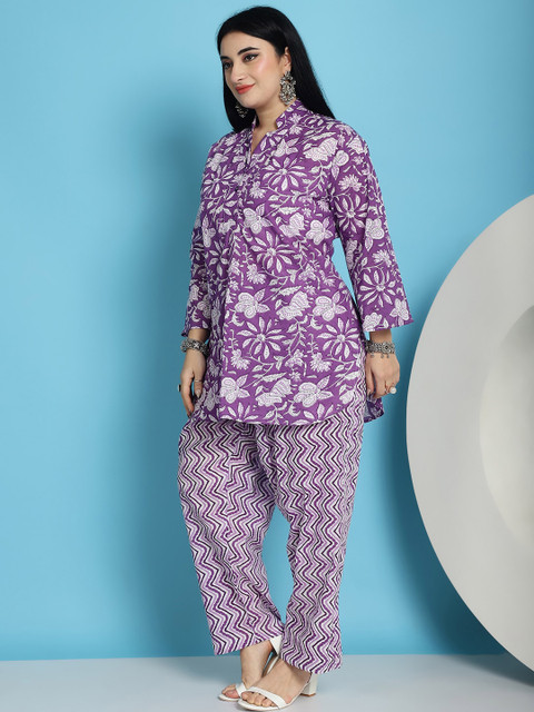 TAG 7 Plus Size Floral Printed Mandarin Collar Pure Cotton Tunic With Trousers - Image 4