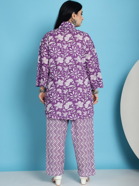 TAG 7 Plus Size Floral Printed Mandarin Collar Pure Cotton Tunic With Trousers - Image 5