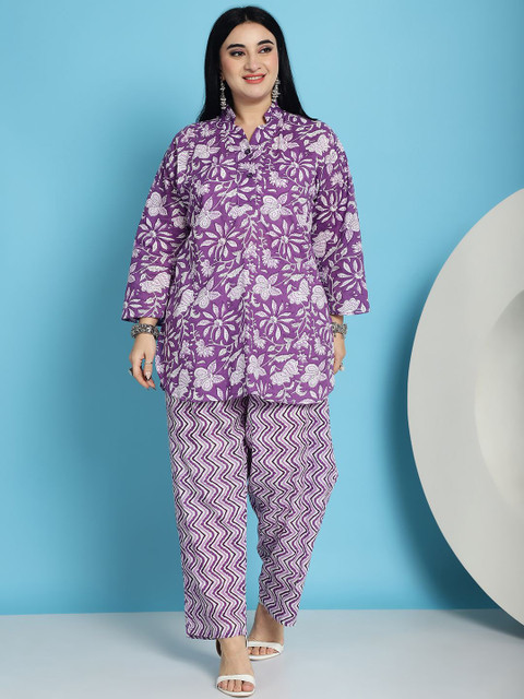 TAG 7 Plus Size Floral Printed Mandarin Collar Pure Cotton Tunic With Trousers