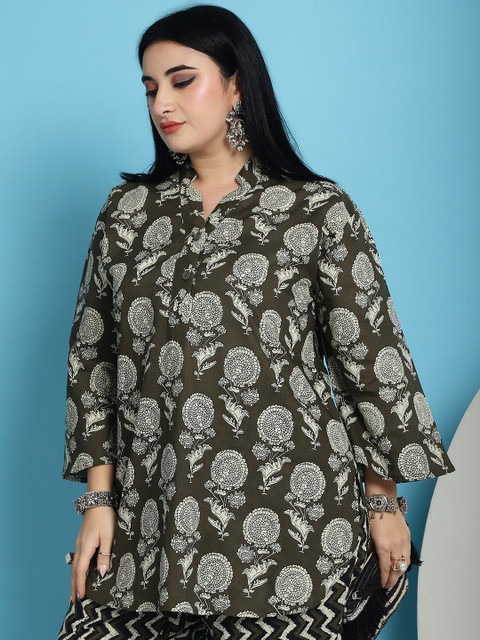 TAG 7 Plus Size Floral Printed Mandarin Collar Pure Cotton Tunic With Trousers - Image 7