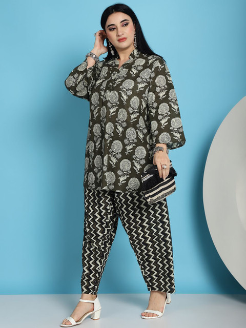 TAG 7 Plus Size Floral Printed Mandarin Collar Pure Cotton Tunic With Trousers - Image 6