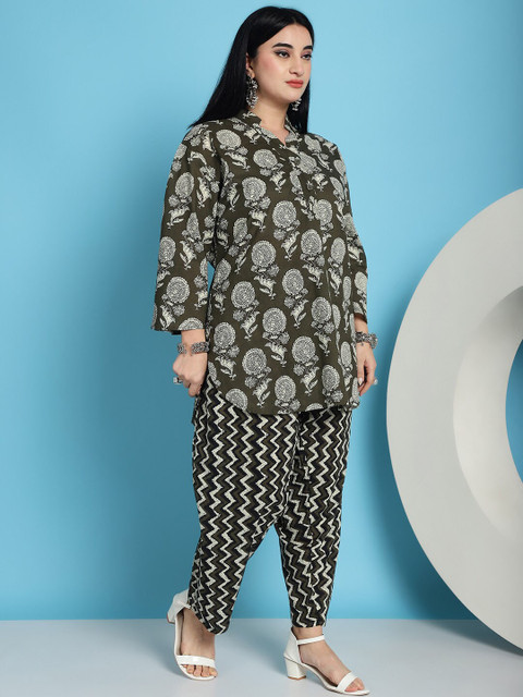 TAG 7 Plus Size Floral Printed Mandarin Collar Pure Cotton Tunic With Trousers - Image 4