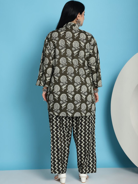 TAG 7 Plus Size Floral Printed Mandarin Collar Pure Cotton Tunic With Trousers - Image 5