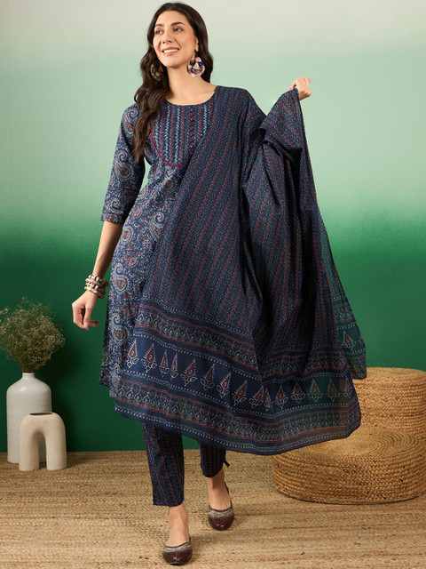 Sangria Ethnic Motifs Printed Gotta Patti Pure Cotton Kurta with Trousers & With Dupatta
