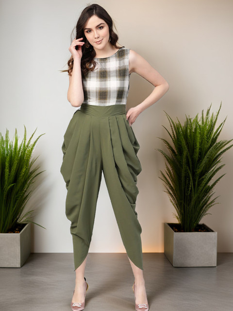 Zima Leto Checked Round Neck Basic Jumpsuit