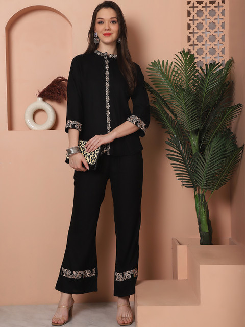 Claura Black Mandarin Collar Three-Quarter Sleeves Embroidered Top With Trousers