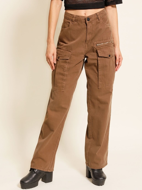 The Lifestyle Co. Women Brown Straight fit High Rise Cotton Cargo Trouser