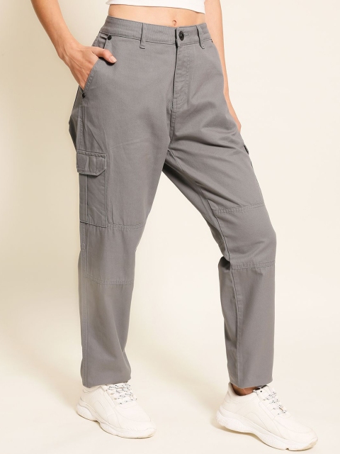 The Roadster Lifestyle Co. Women Grey Slim-Fit Mid-Rise Pure-Cotton Cargo Trousers - Image 2