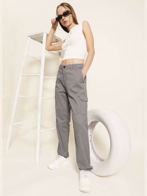 The Roadster Lifestyle Co. Women Grey Slim-Fit Mid-Rise Pure-Cotton Cargo Trousers - Image 4