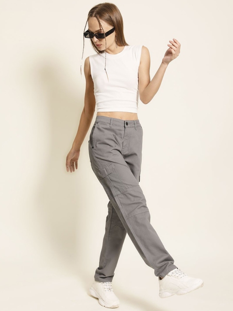 The Roadster Lifestyle Co. Women Grey Slim-Fit Mid-Rise Pure-Cotton Cargo Trousers - Image 5