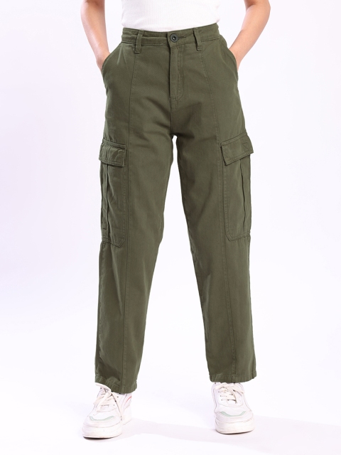 The Roadster Lifestyle Co. Women Olive Green Mid-Rise Pure Cotton Paneled Cargo Trouser