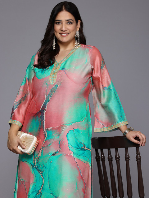 A PLUS BY AHALYAA Plus Size Printed Flared Sleeves Chanderi Kurta - Image 6