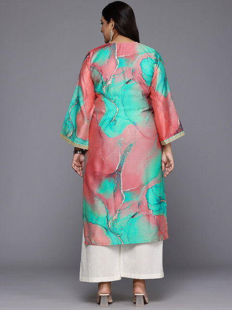 A PLUS BY AHALYAA Plus Size Printed Flared Sleeves Chanderi Kurta - Image 5