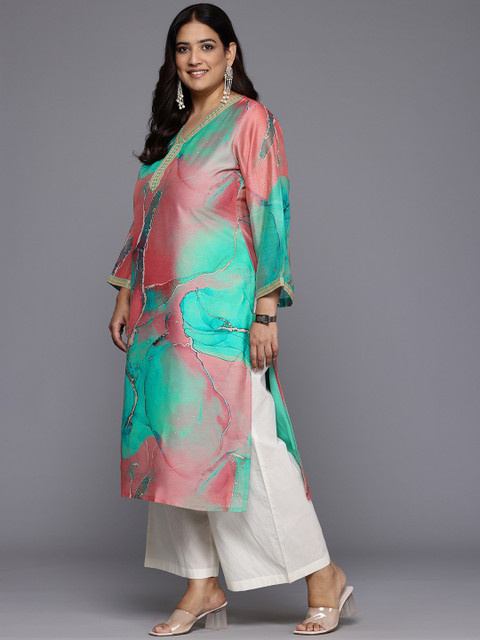 A PLUS BY AHALYAA Plus Size Printed Flared Sleeves Chanderi Kurta - Image 4