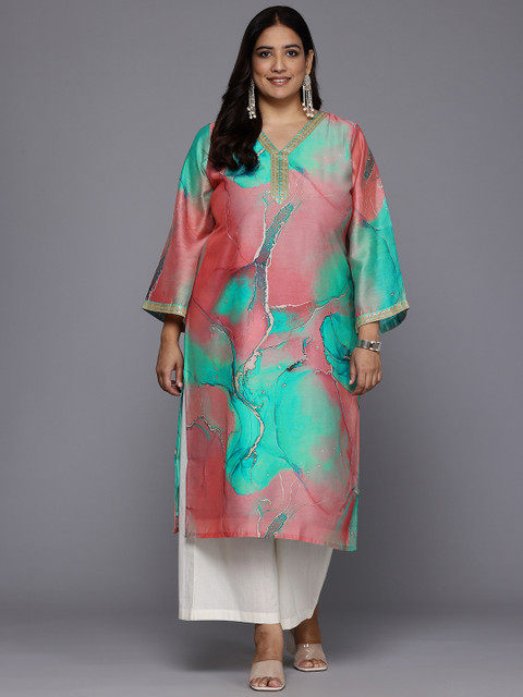 A PLUS BY AHALYAA Plus Size Printed Flared Sleeves Chanderi Kurta - Image 3
