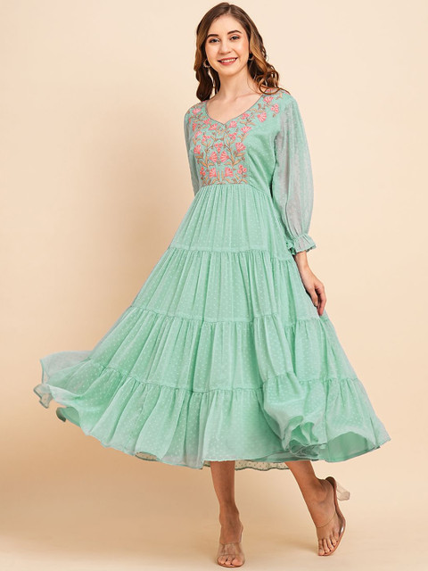 RATAN Self Design Puff Sleeves Embroidered Tiered Chiffon Midi Fit & Flare Dress