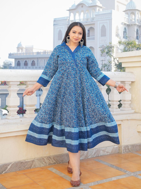 YASH GALLERY Women Plus Size Geometric Printed Cotton Fit and Flare Midi Dress