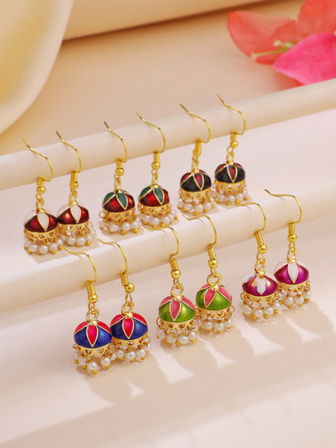 Yellow Chimes Set of 6 Meenakari Beaded Jhumkas