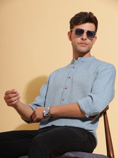 HERE&NOW Band Collar Cuffed Sleeves Straight Short Kurta - Image 6