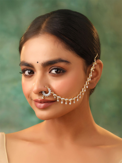 Yellow Chimes Gold-Plated Cubic Zirconia Chained Nosepin - Image 3