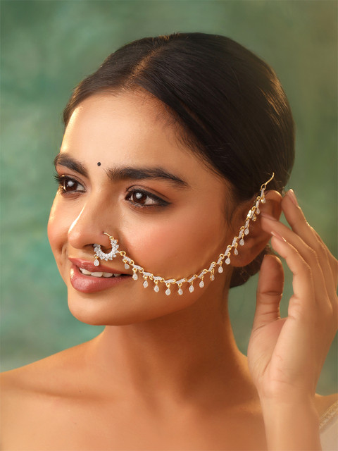 Yellow Chimes Gold-Plated Cubic Zirconia Chained Nosepin - Image 4