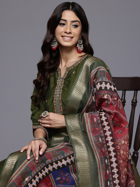 Varanga Thread & Zari Embroidered Kurta with Trouser & Ethnic Printed Dupatta