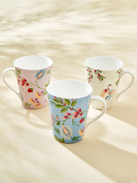 Home Centre White & Pink 3 Pieces Floral Printed Glossy Mugs 340 ml Each - Image 2
