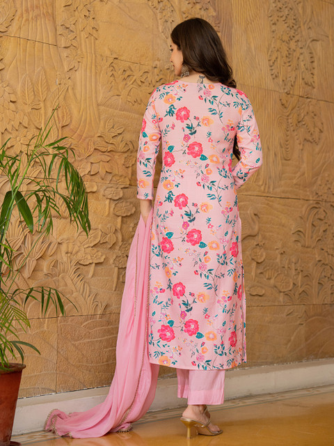 KALINI Floral Printed V-Neck Thread Work Straight Kurta With Trousers & Dupatta - Image 5
