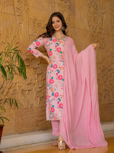 KALINI Floral Printed V-Neck Thread Work Straight Kurta With Trousers & Dupatta - Image 6