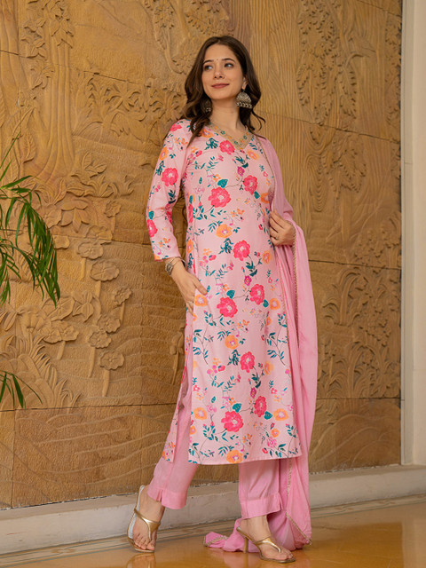 KALINI Floral Printed V-Neck Thread Work Straight Kurta With Trousers & Dupatta - Image 3