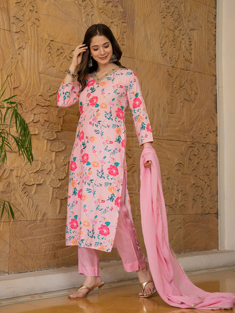 KALINI Floral Printed V-Neck Thread Work Straight Kurta With Trousers & Dupatta - Image 4