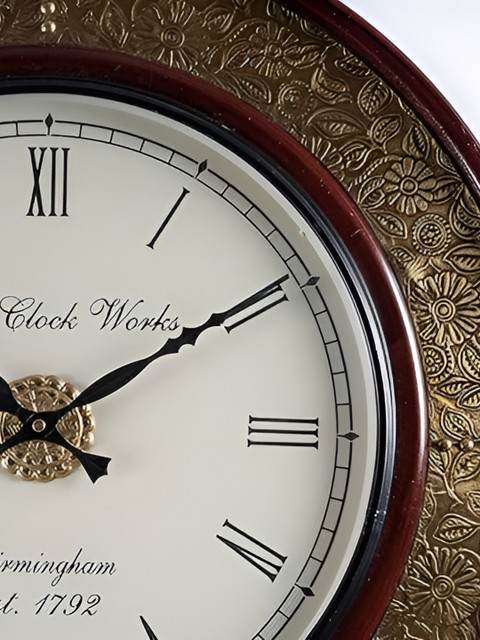 vedas Adults-Unisex Textured Wooden & Brass Wall Clock With Dial - Image 2