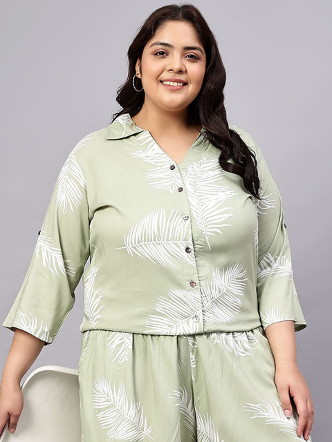 Indietoga Plus Size Tropical Printed Roll-Up Sleeves Neck Shirt & Flared Shorts - Image 2