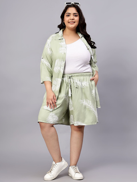 Indietoga Plus Size Tropical Printed Roll-Up Sleeves Neck Shirt & Flared Shorts - Image 6