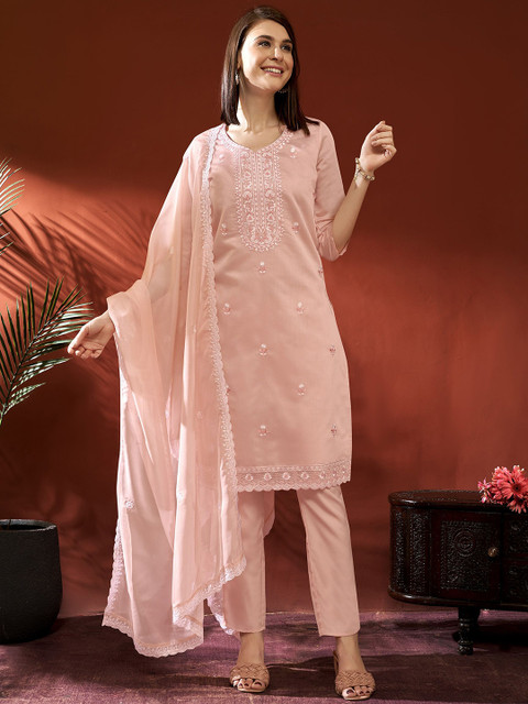 Anouk Women Floral Embroidered Regular Thread Work Kurta with Trousers & With Dupatta - Image 4