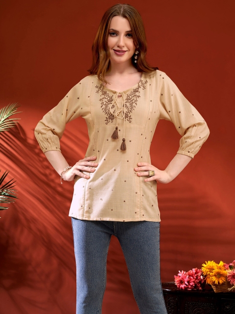 Anouk Tie Up Neck Floral Embroidered Liva Straight Kurta - Image 3