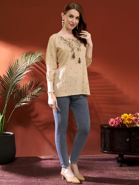 Anouk Tie Up Neck Floral Embroidered Liva Straight Kurta - Image 5