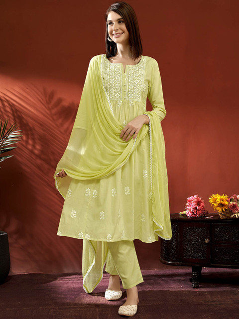 Anouk Women Floral Panelled Thread Work Cotton Kurta with Trousers & With Dupatta