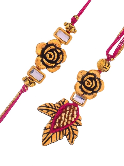 Aapno Rajasthan Beautiful Gold Rose & Leaf Bhaiya Bhabhi Thread Rakhi Set - Image 4