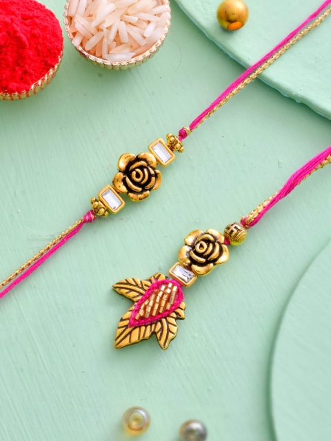 Aapno Rajasthan Beautiful Gold Rose & Leaf Bhaiya Bhabhi Thread Rakhi Set - Image 2