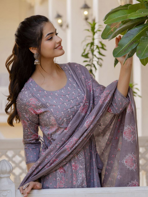 Anouk Women Floral Yoke Design Panelled Aari Work Pure Cotton Kurta with Trousers & With Dupatta