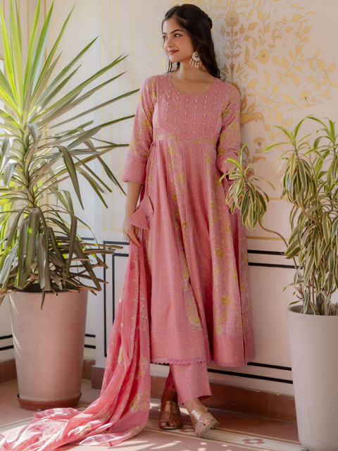 Anouk Women Floral Printed Panelled Aari Work Pure Cotton Kurta with Trousers & With Dupatta - Image 3