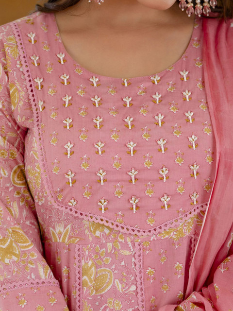 Anouk Women Floral Printed Panelled Aari Work Pure Cotton Kurta with Trousers & With Dupatta - Image 2